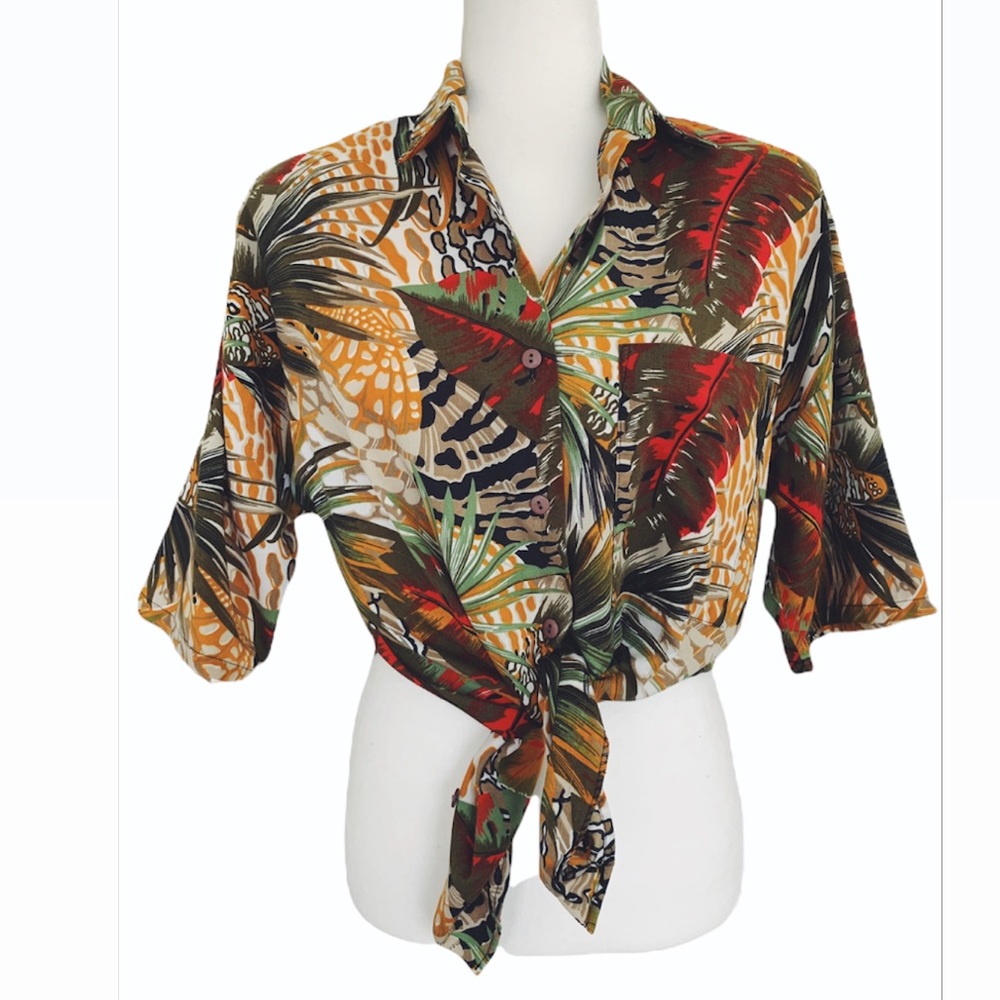 Vintage Touché LA Brand Palm Leaf Print Button Down Short Sleeve Shirt